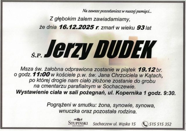 Nekrolog Zakład Pogrzebowy Stupiński Sochaczew - Jerzy Dudek