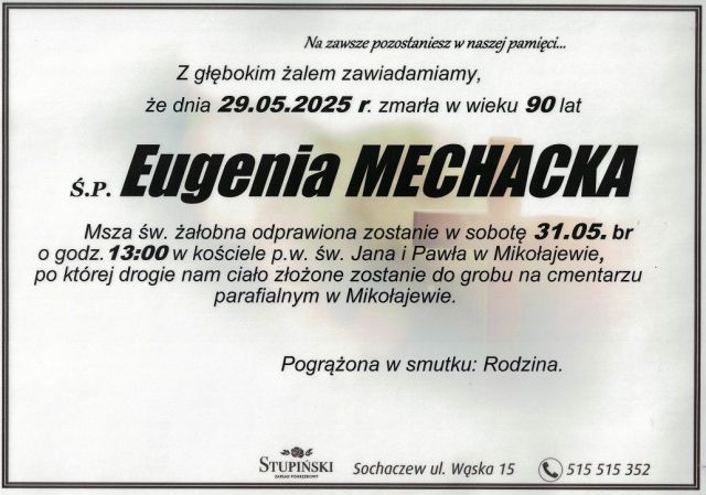 Nekrolog Zakład Pogrzebowy Stupiński Sochaczew - Eugenia Mechacka