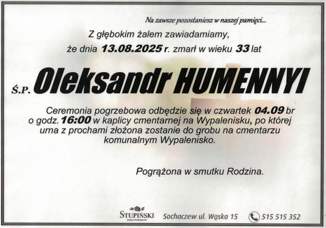 Nekrolog Zakład Pogrzebowy Stupiński Sochaczew - Oleksandr Humennyi