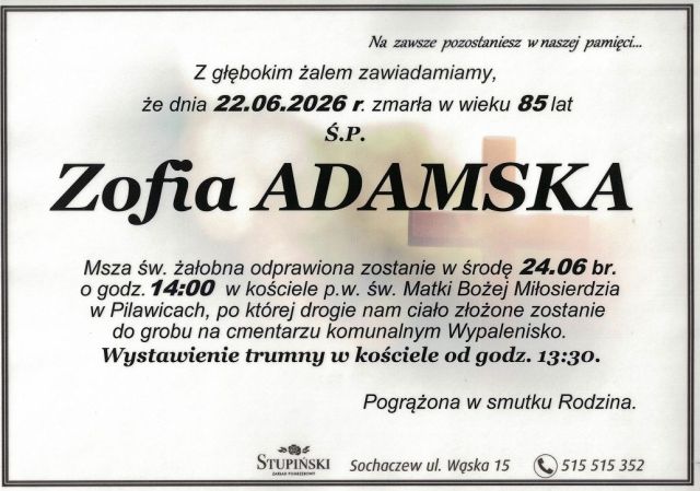 Nekrolog Zakład Pogrzebowy Stupiński Sochaczew - Zofia Adamska
