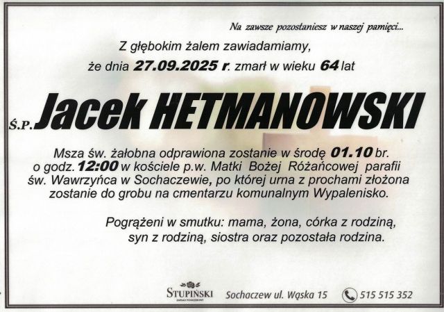 Nekrolog Zakład Pogrzebowy Stupiński Sochaczew - Jacek Hetmanowski