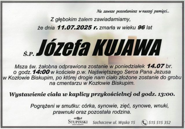 Nekrolog Zakład Pogrzebowy Stupiński Sochaczew - Józefa Kujawa