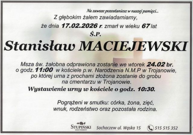 Nekrolog Zakład Pogrzebowy Stupiński Sochaczew - Stanisław Maciejewski