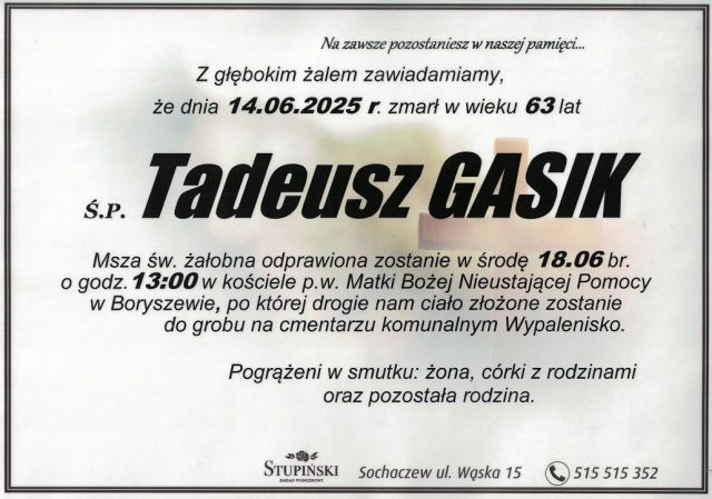 Nekrolog Zakład Pogrzebowy Stupiński Sochaczew - Tadeusz Gasik