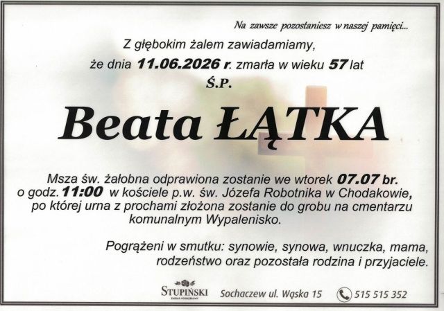 Nekrolog Zakład Pogrzebowy Stupiński Sochaczew - Beata Łątka