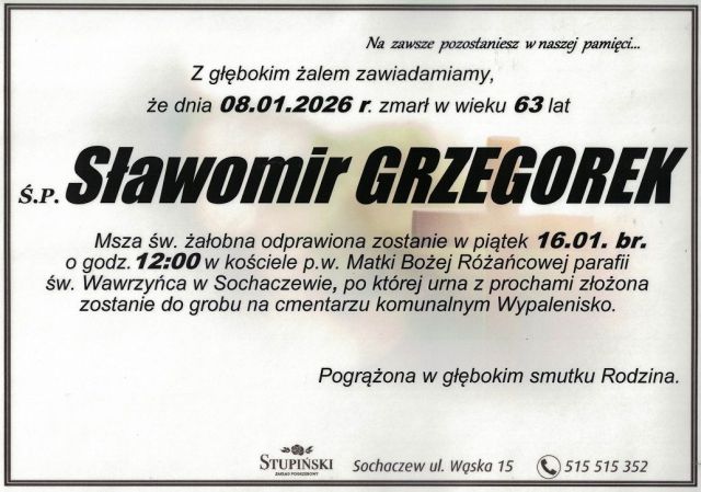 Nekrolog Zakład Pogrzebowy Stupiński Sochaczew - Sławomir Grzegorek
