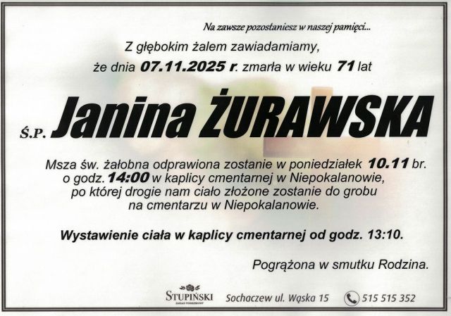 Nekrolog Zakład Pogrzebowy Stupiński Sochaczew - Janina Żurawska