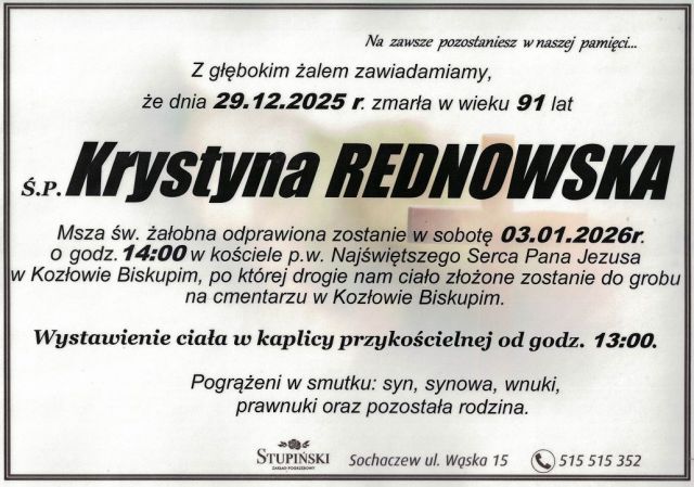 Nekrolog Zakład Pogrzebowy Stupiński Sochaczew - Krystyna Rednowska