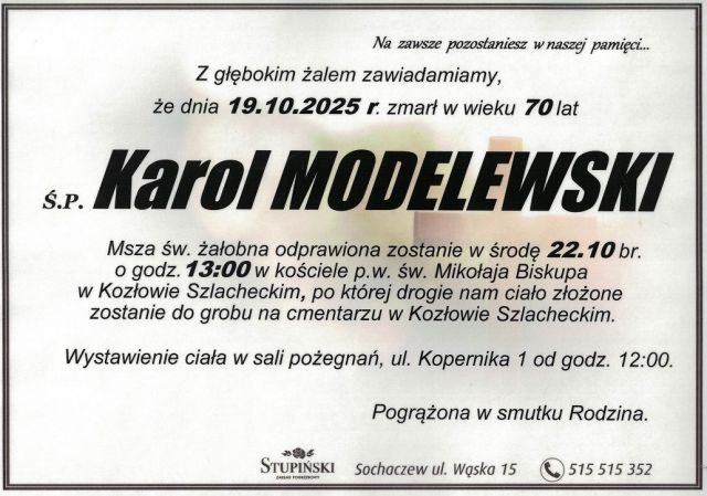 Nekrolog Zakład Pogrzebowy Stupiński Sochaczew - Karol Modelewski