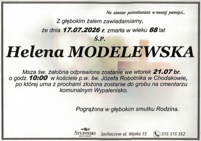 Nekrolog Zakład Pogrzebowy Stupiński Sochaczew - Helena Modelewska