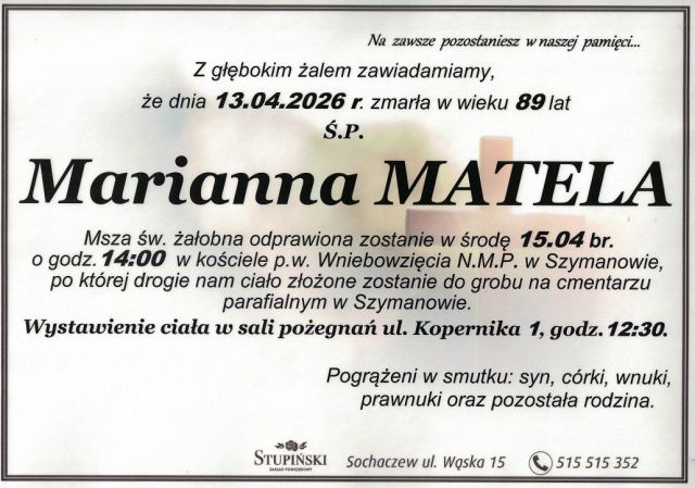 Nekrolog Zakład Pogrzebowy Stupiński Sochaczew - Marianna Matela