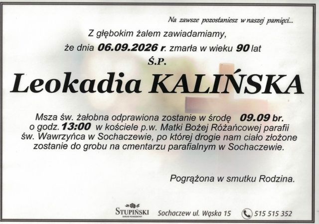 Nekrolog Zakład Pogrzebowy Stupiński Sochaczew - Leokadia Kalińska