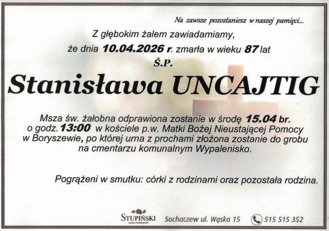 Nekrolog Zakład Pogrzebowy Stupiński Sochaczew - Stanisława Uncajtig