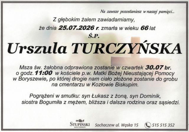 Nekrolog Zakład Pogrzebowy Stupiński Sochaczew - Urszula Turczyńska