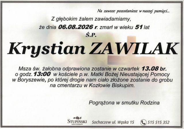 Nekrolog Zakład Pogrzebowy Stupiński Sochaczew - Krystian Zawilak