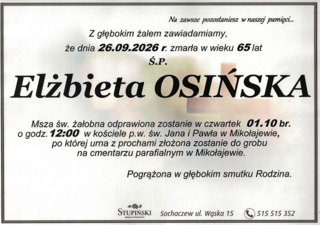 Nekrolog Zakład Pogrzebowy Stupiński Sochaczew - Elżbieta Osińska