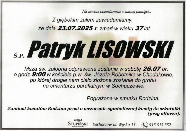 Nekrolog Zakład Pogrzebowy Stupiński Sochaczew - Patryk Lisowski