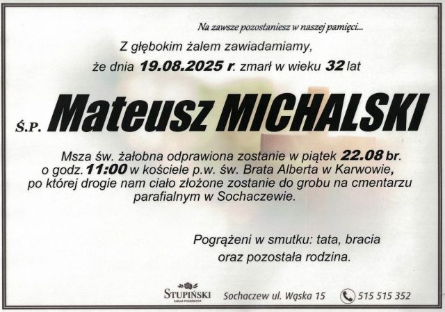 Nekrolog Zakład Pogrzebowy Stupiński Sochaczew - Mateusz Michalski