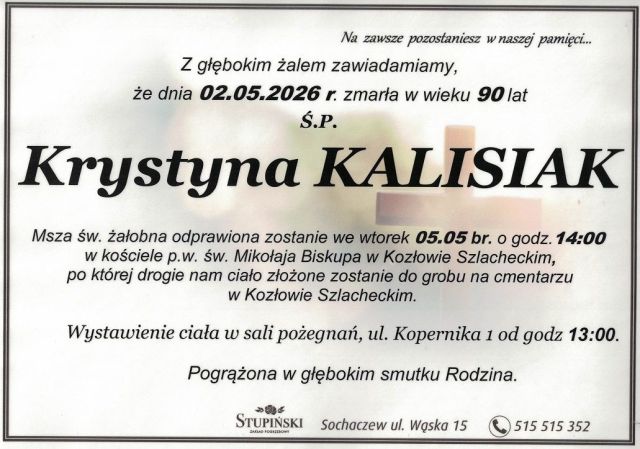 Nekrolog Zakład Pogrzebowy Stupiński Sochaczew - Krystyna Kalisiak