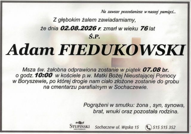 Nekrolog Zakład Pogrzebowy Stupiński Sochaczew - Adam Fiedukowski