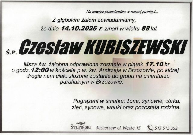 Nekrolog Zakład Pogrzebowy Stupiński Sochaczew - Czesław Kubiszewski