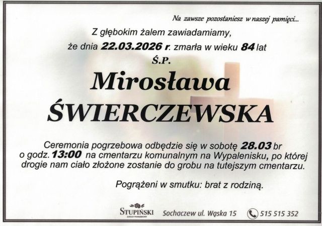 Nekrolog Zakład Pogrzebowy Stupiński Sochaczew - Mirosława Świerczewska