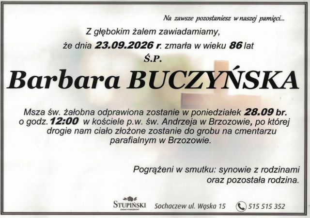 Nekrolog Zakład Pogrzebowy Stupiński Sochaczew - Barbara Buczyńska