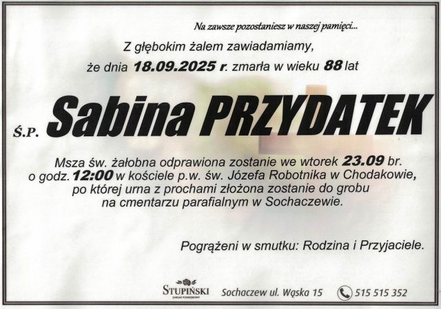 Nekrolog Zakład Pogrzebowy Stupiński Sochaczew - Sabina Przydatek