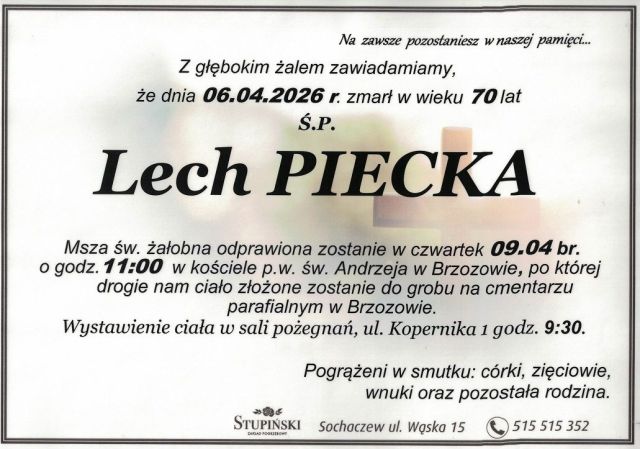 Nekrolog Zakład Pogrzebowy Stupiński Sochaczew - Lech Piecka