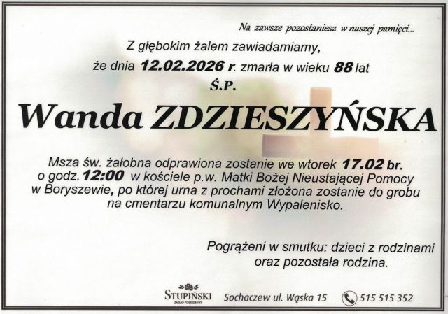 Nekrolog Zakład Pogrzebowy Stupiński Sochaczew - Wanda Zdzieszyńska