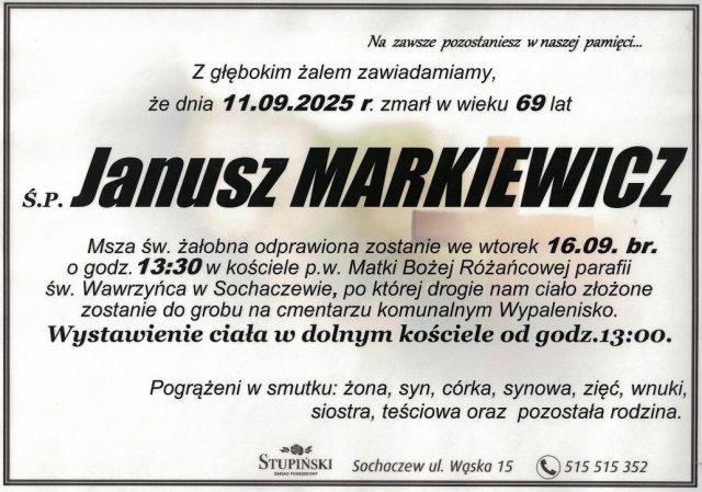 Nekrolog Zakład Pogrzebowy Stupiński Sochaczew - Janusz Markiewicz