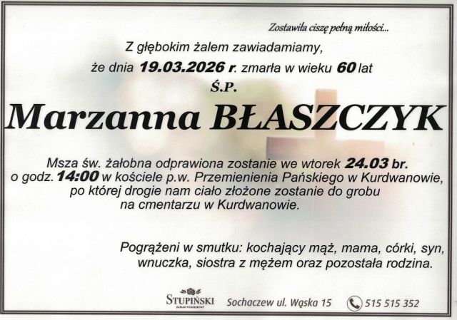 Nekrolog Zakład Pogrzebowy Stupiński Sochaczew - Marzanna Błaszczyk
