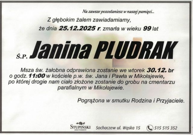 Nekrolog Zakład Pogrzebowy Stupiński Sochaczew - Janina Pludrak