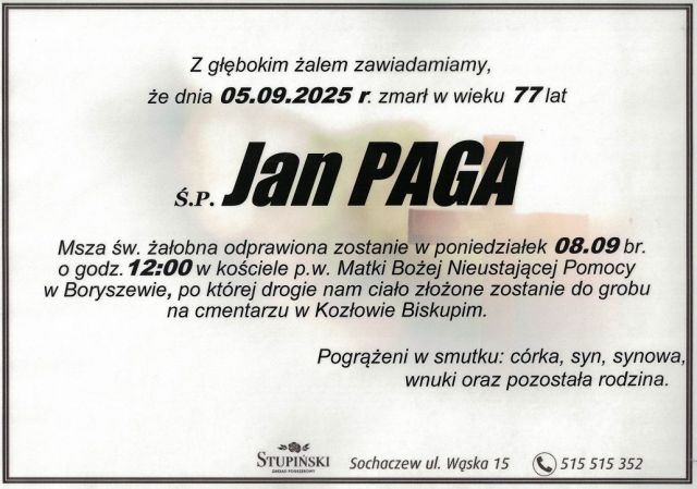 Nekrolog Zakład Pogrzebowy Stupiński Sochaczew - Jan Paga