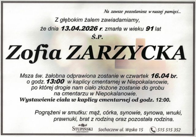 Nekrolog Zakład Pogrzebowy Stupiński Sochaczew - Zofia Zarzycka