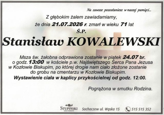 Nekrolog Zakład Pogrzebowy Stupiński Sochaczew - Stanisław Kowalewski