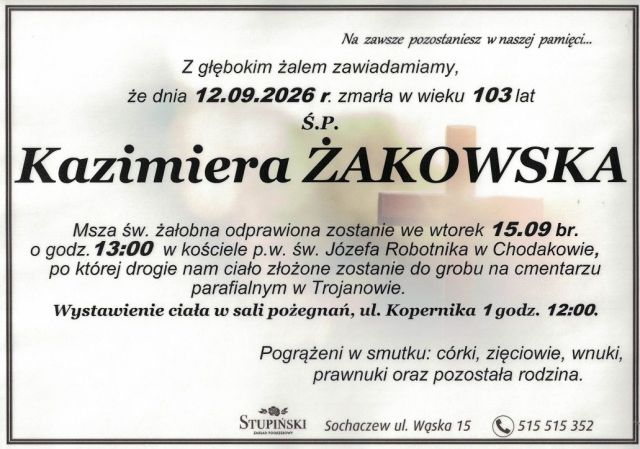 Nekrolog Zakład Pogrzebowy Stupiński Sochaczew - Kazimiera Żakowska