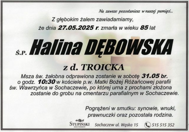 Nekrolog Zakład Pogrzebowy Stupiński Sochaczew - Halina Dębowska