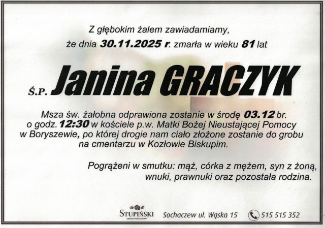 Nekrolog Zakład Pogrzebowy Stupiński Sochaczew - Janina Graczyk