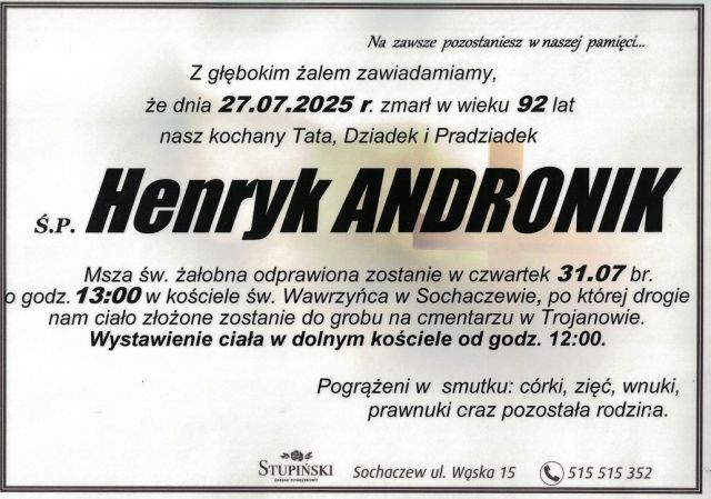 Nekrolog Zakład Pogrzebowy Stupiński Sochaczew - Henryk Andronik