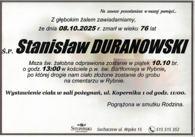 Nekrolog Zakład Pogrzebowy Stupiński Sochaczew - Stanisław Duranowski