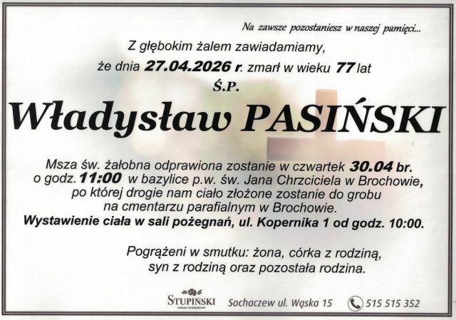 Nekrolog Zakład Pogrzebowy Stupiński Sochaczew - Władysław Pasiński