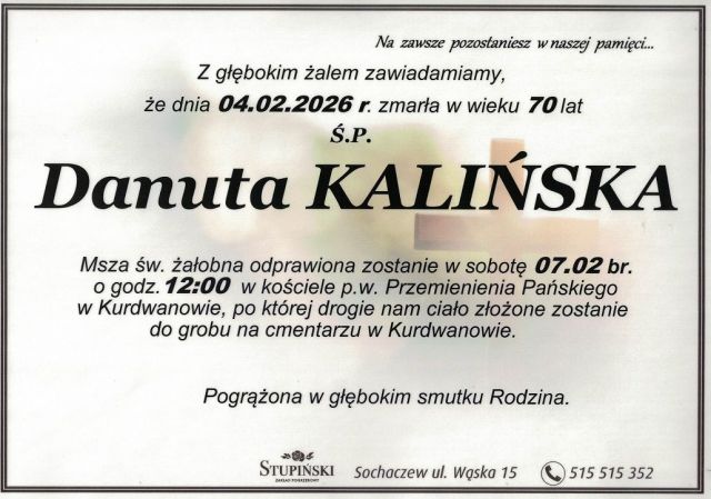 Nekrolog Zakład Pogrzebowy Stupiński Sochaczew - Danuta Kalińska