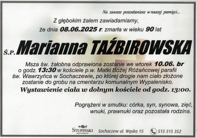 Nekrolog Zakład Pogrzebowy Stupiński Sochaczew - Marianna Taźbirowska