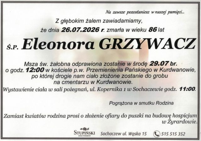 Nekrolog Zakład Pogrzebowy Stupiński Sochaczew - Eleonora Grzywacz