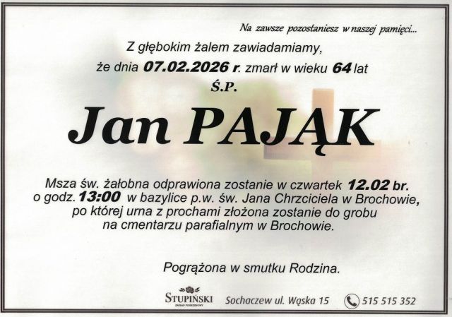 Nekrolog Zakład Pogrzebowy Stupiński Sochaczew - Jan Pająk
