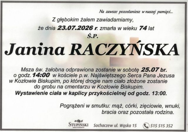 Nekrolog Zakład Pogrzebowy Stupiński Sochaczew - Janina Raczyńska