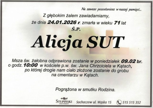Nekrolog Zakład Pogrzebowy Stupiński Sochaczew - Alicja Sut