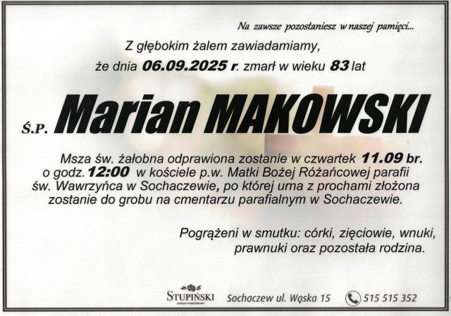 Nekrolog Zakład Pogrzebowy Stupiński Sochaczew - Marian Makowski