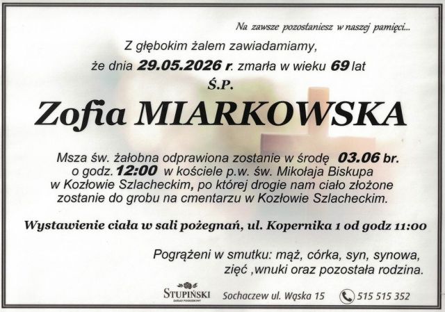 Nekrolog Zakład Pogrzebowy Stupiński Sochaczew - Zofia Miarkowska